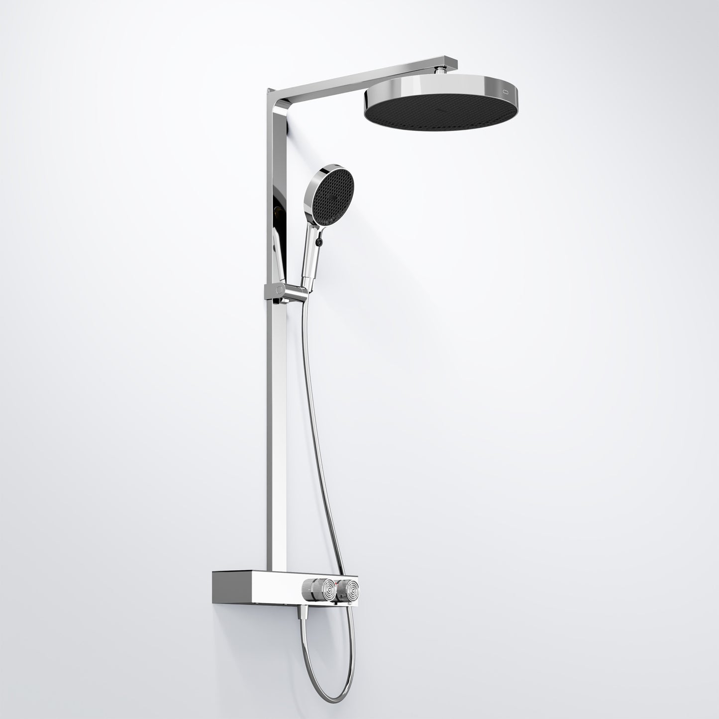 Steinberg Duschsystem mit Glasablage für 3 Verbraucher - Thermostat mit Drehknöpfen, Regenbrause, Handbrause & integriertem Schwall