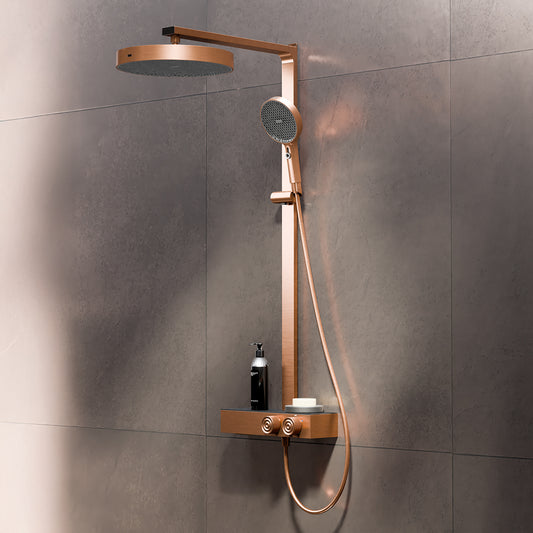 1Steinberg shower set with glass shelf, thermostat with rotary knobs, Rain Shower and rod shower, Brushed Gold