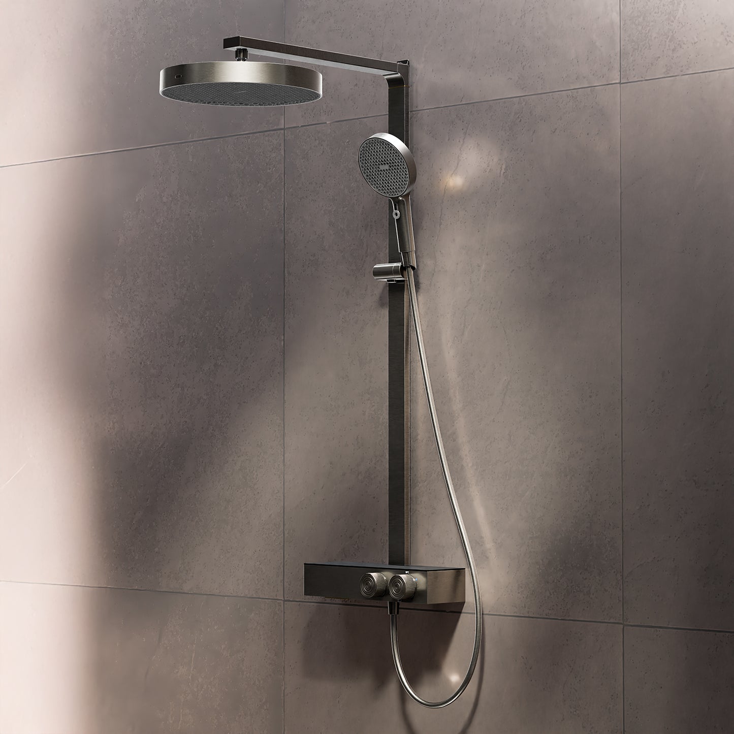 Steinberg Doucheset met glazen plank, thermostaat met roterende knoppen, Hoofddouche en staafdouche, geborsteld goud