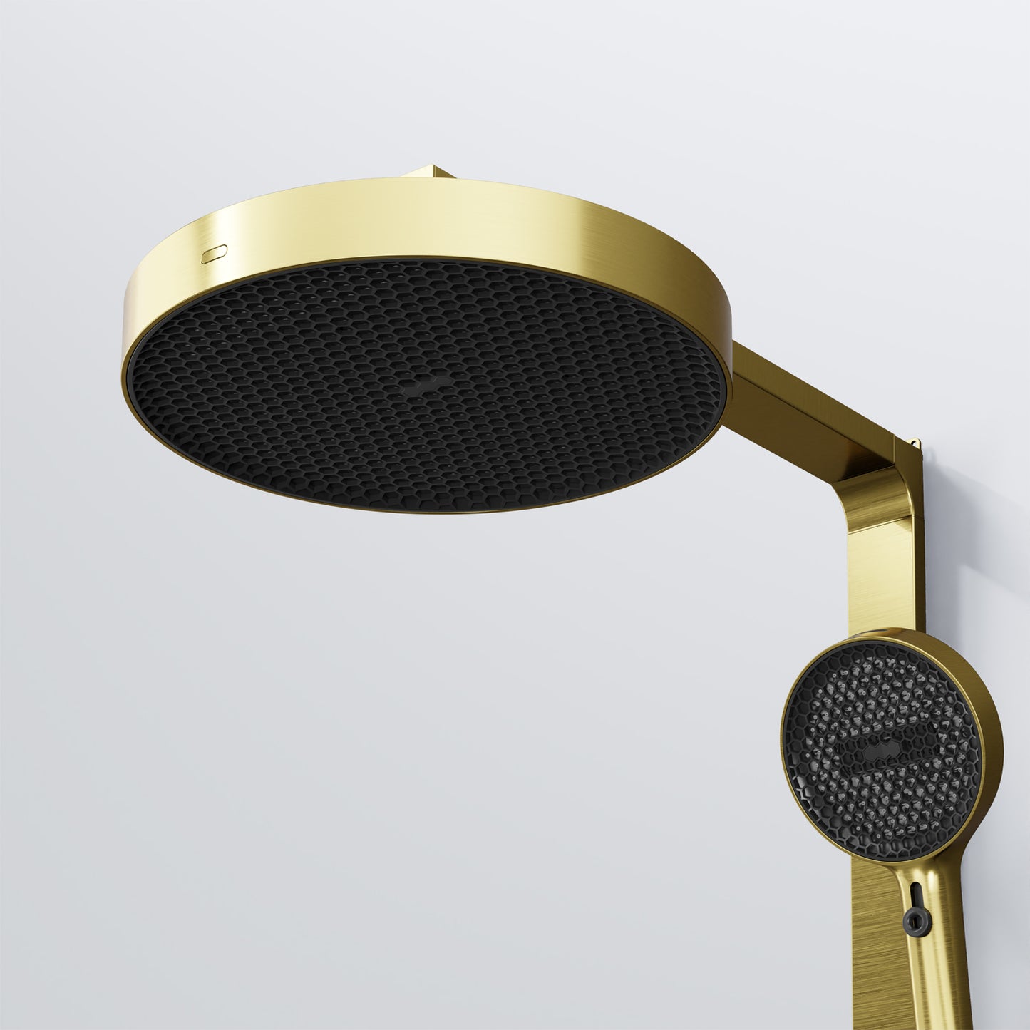 Steinberg Doucheset met glazen plank, thermostaat met roterende knoppen, Hoofddouche en staafdouche, geborsteld goud