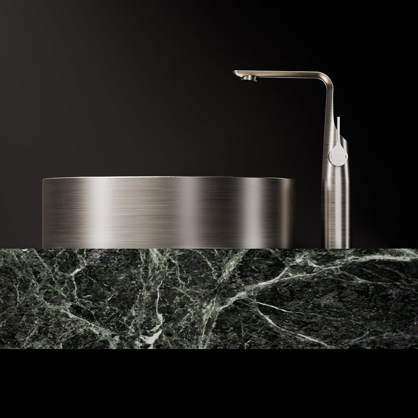 Steinberg Waschtisch Set mit Marmor Ablage mit Edelstahl Aufsatzbecken und Serie-290 Armatur