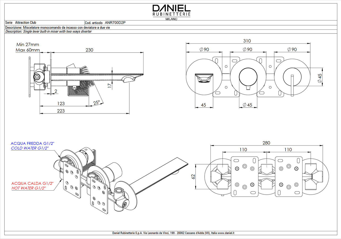 Daniel Rub. 3-way sub-plaster fitting for bathtub / Shower - Stellar - Chrom