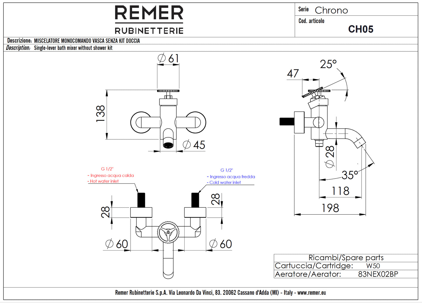 REMER RUB. Mur-Mitigeur de lavabo - Série Chrono