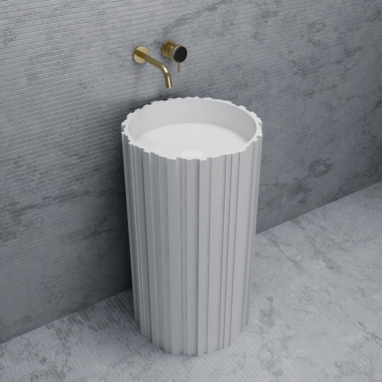 Bewater Bold Series: freistehender Waschtisch rund aus Solid-Surface, weiß gerillt