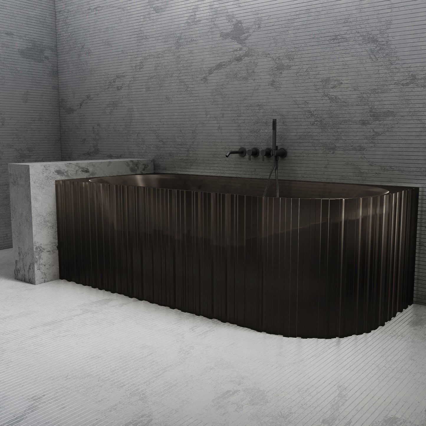 Bewater Eck-Badewanne links, mit vertikaler Außenstruktur, aus Polyresin, ohne Überlauf inkl. Ablaufgarnitur