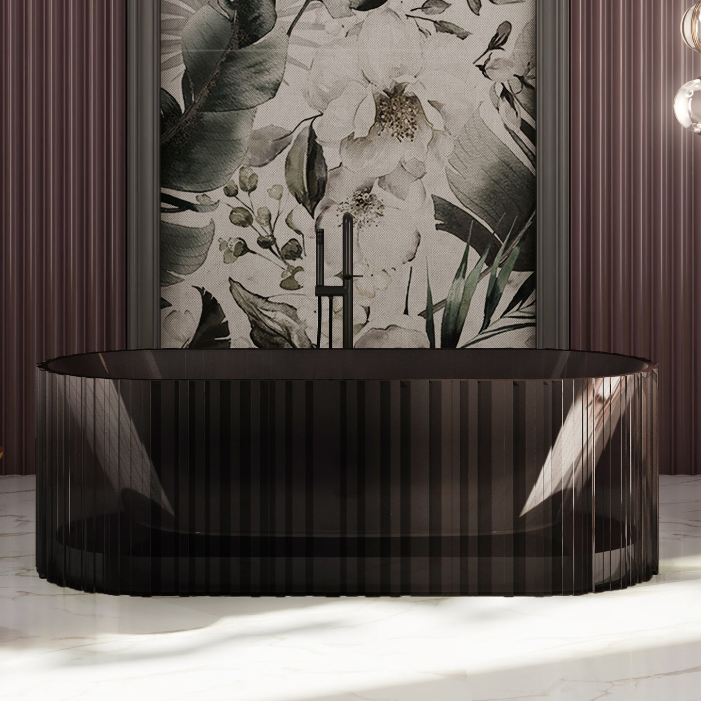 Bewater freistehende Badewanne mit vertikaler Außenstruktur, aus Polyresin, ohne Überlauf , inkl. Ablaufgarnitur