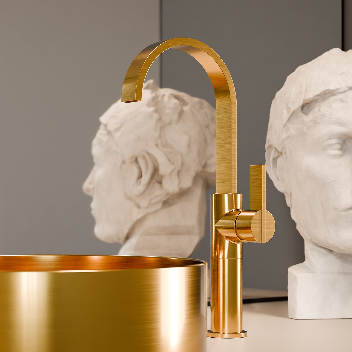 Treos Waschtischarmatur in Brushed Gold - Serie 195 - mit Erhoehtem Armaturenkoerper - 195.01.15704