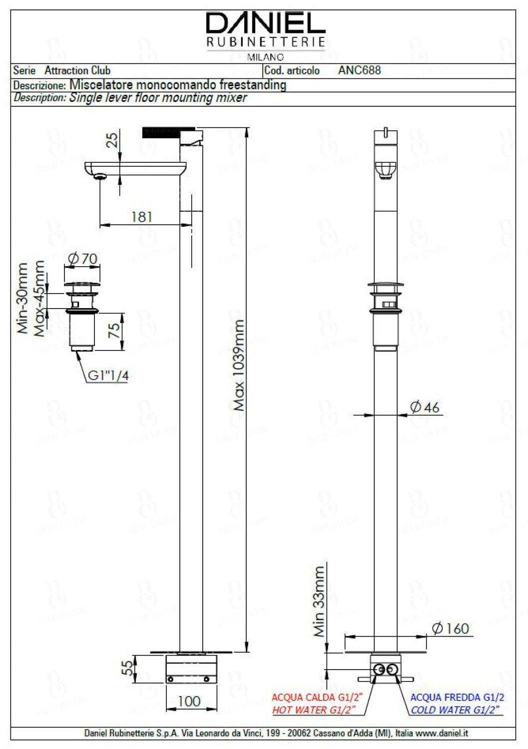 Daniel Rub. Waschtischarmatur - Bodenmontage Serie Club Mit Ablaufgarnitur