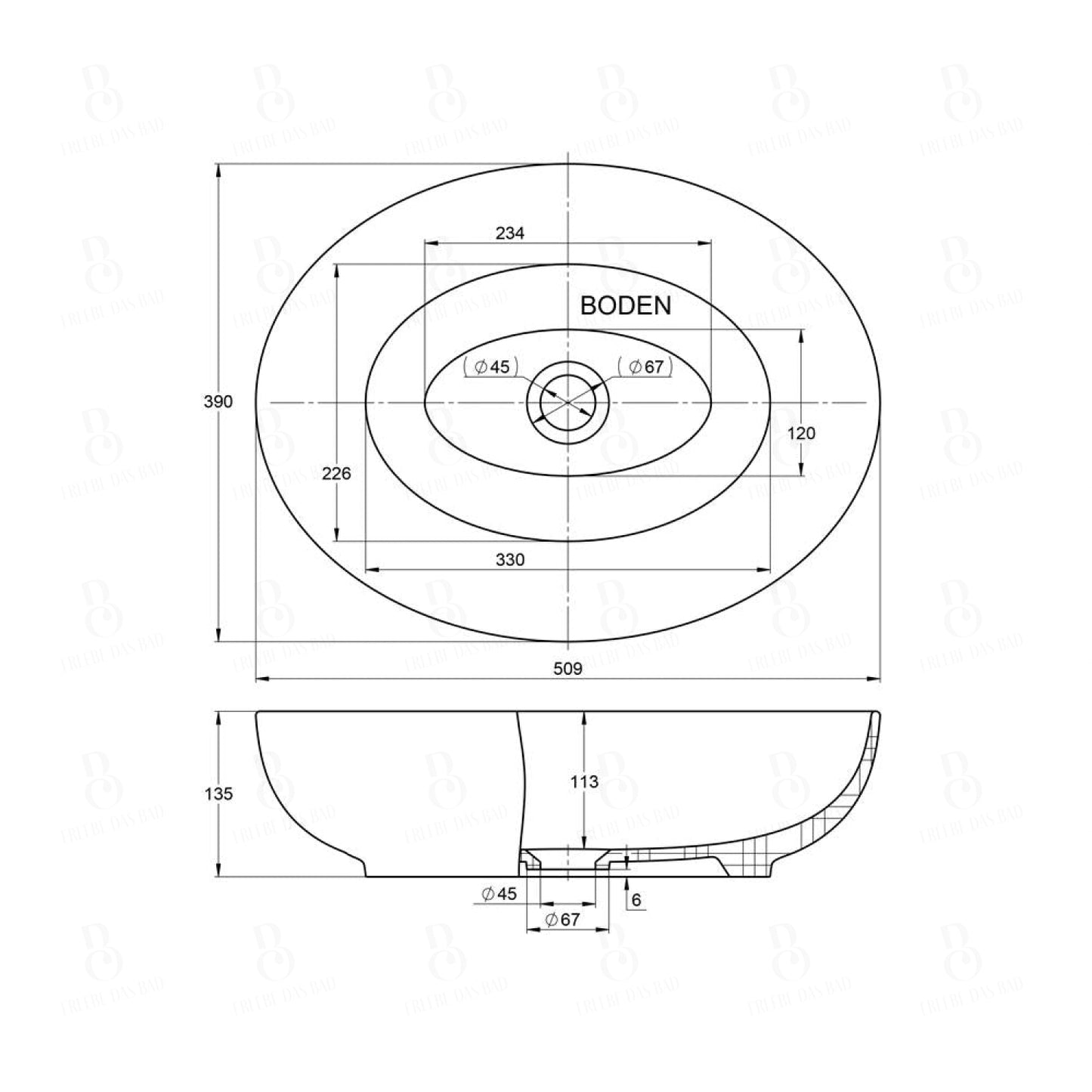 Aufsatzwaschbecken - Oval - aus Keramik - in Weiß - 51cm Breite - Treos Serie 800