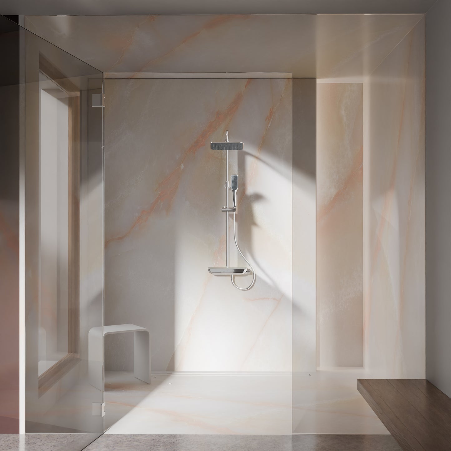 Steinberg Duschsystem mit Glasablage, Thermostat, Regenbrause und Stabhandbrause