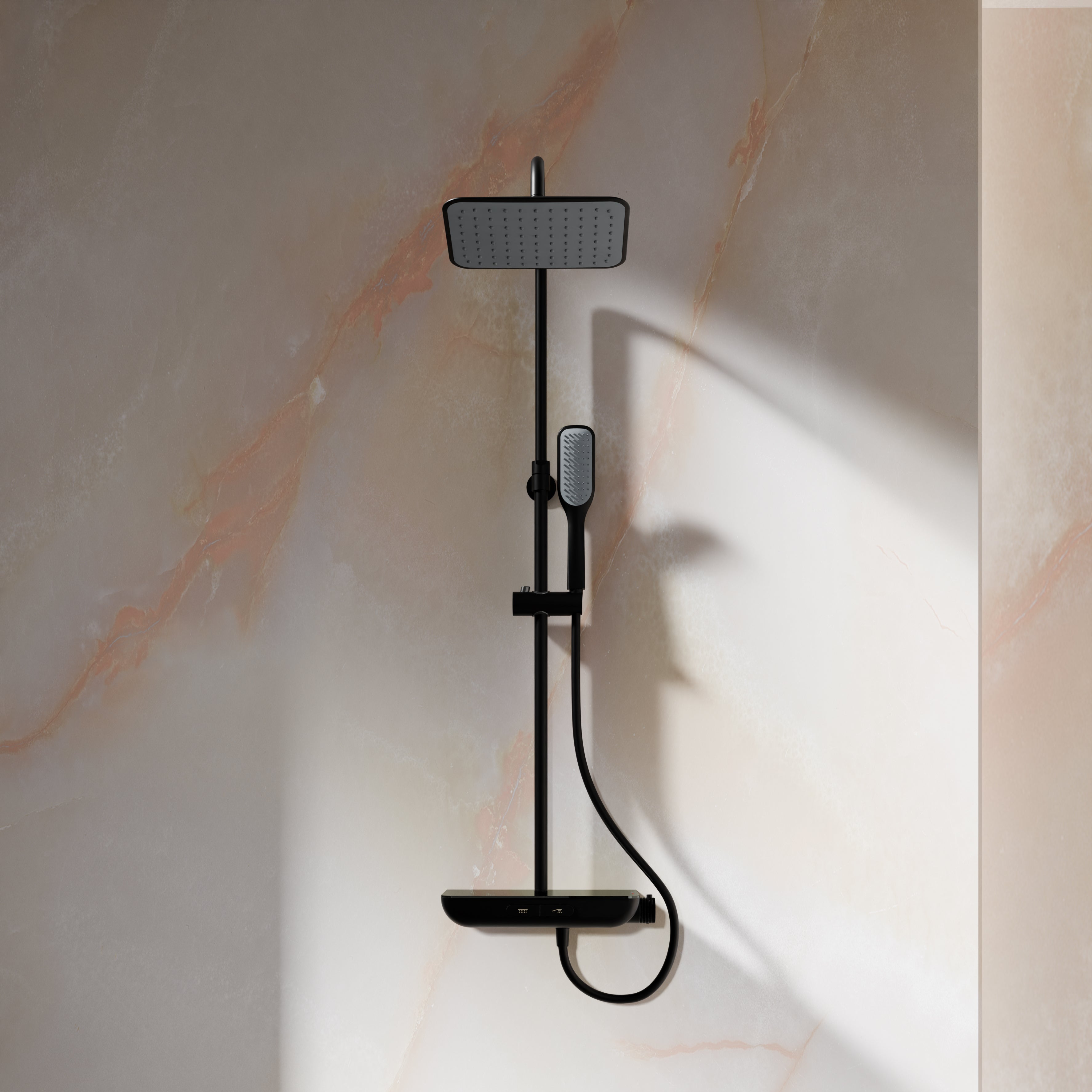 Steinberg Duschsystem mit Glasablage, Thermostat, Regenbrause und Stabhandbrause