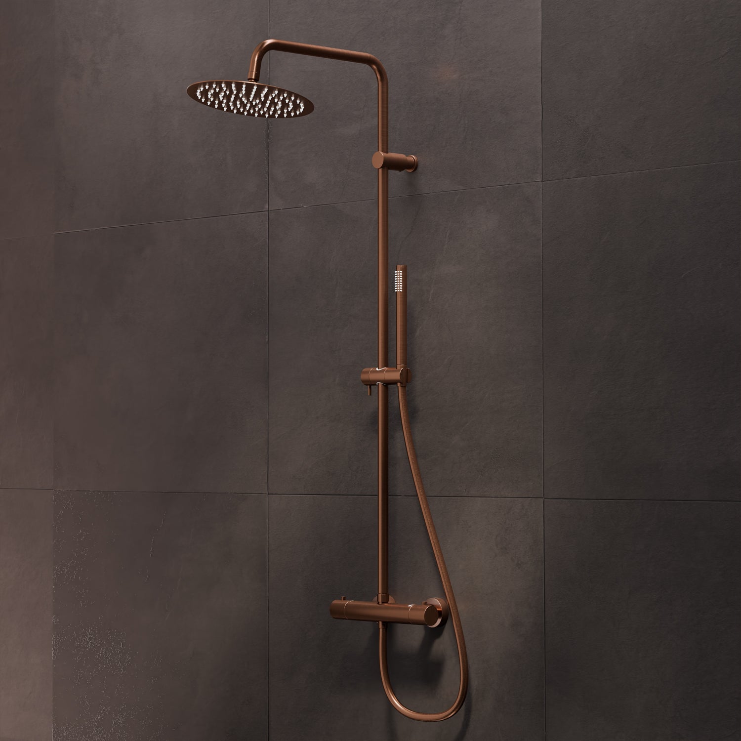 Steinberg shower set Matt gold, with thermostat, Rain Shower Round and rod hand shower