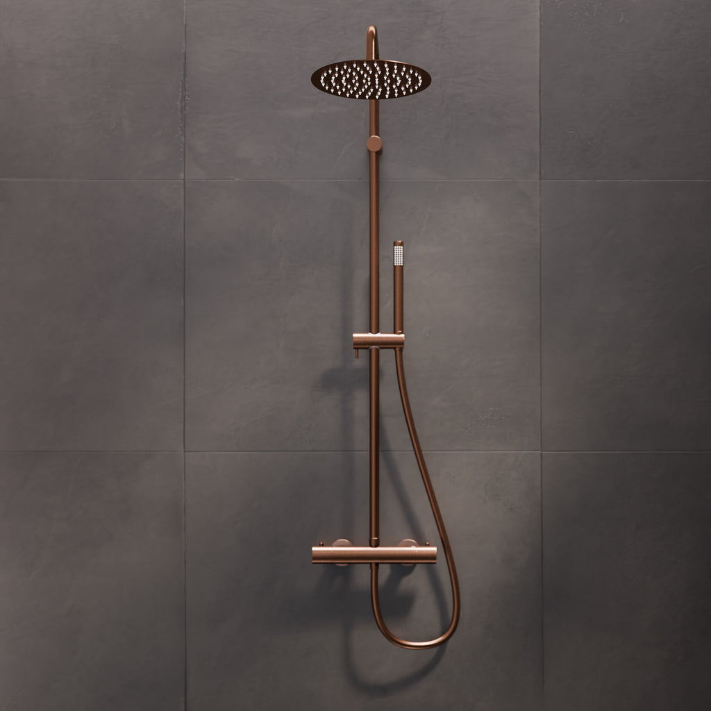 Steinberg shower set Matt gold, with thermostat, Rain Shower Round and rod hand shower