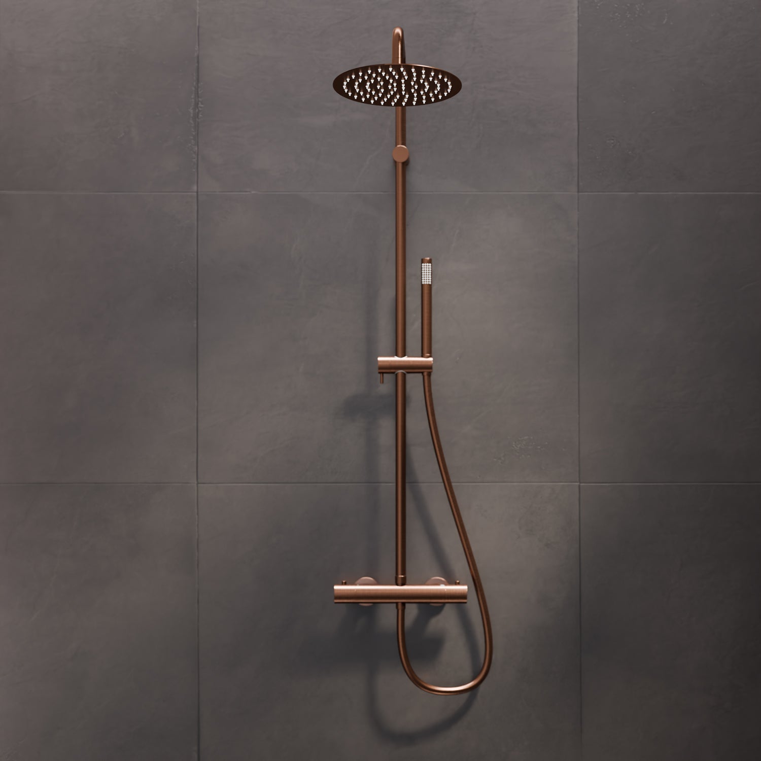 Steinberg shower set Matt gold, with thermostat, Rain Shower Round and rod hand shower