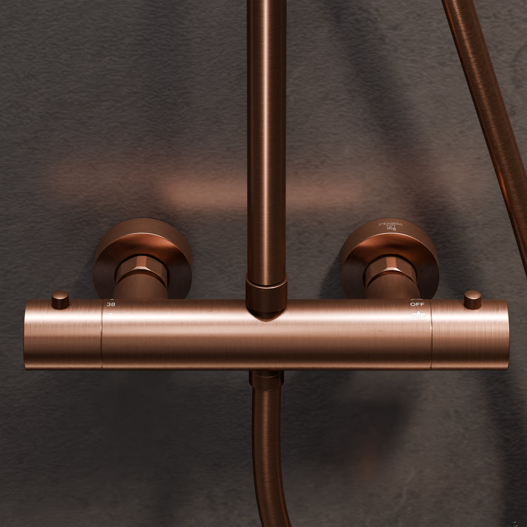 Steinberg shower set Matt gold, with thermostat, Rain Shower Round and rod hand shower