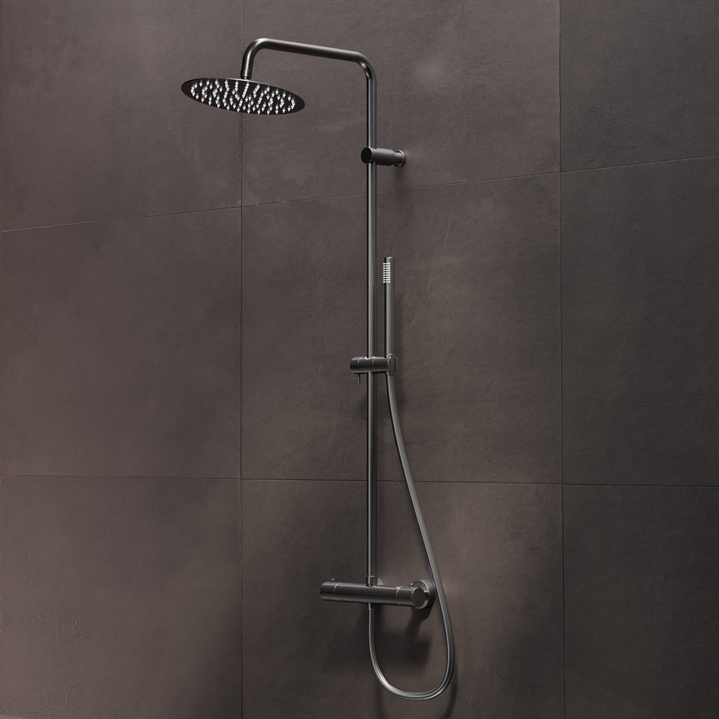 Steinberg shower set Matt gold, with thermostat, Rain Shower Round and rod hand shower