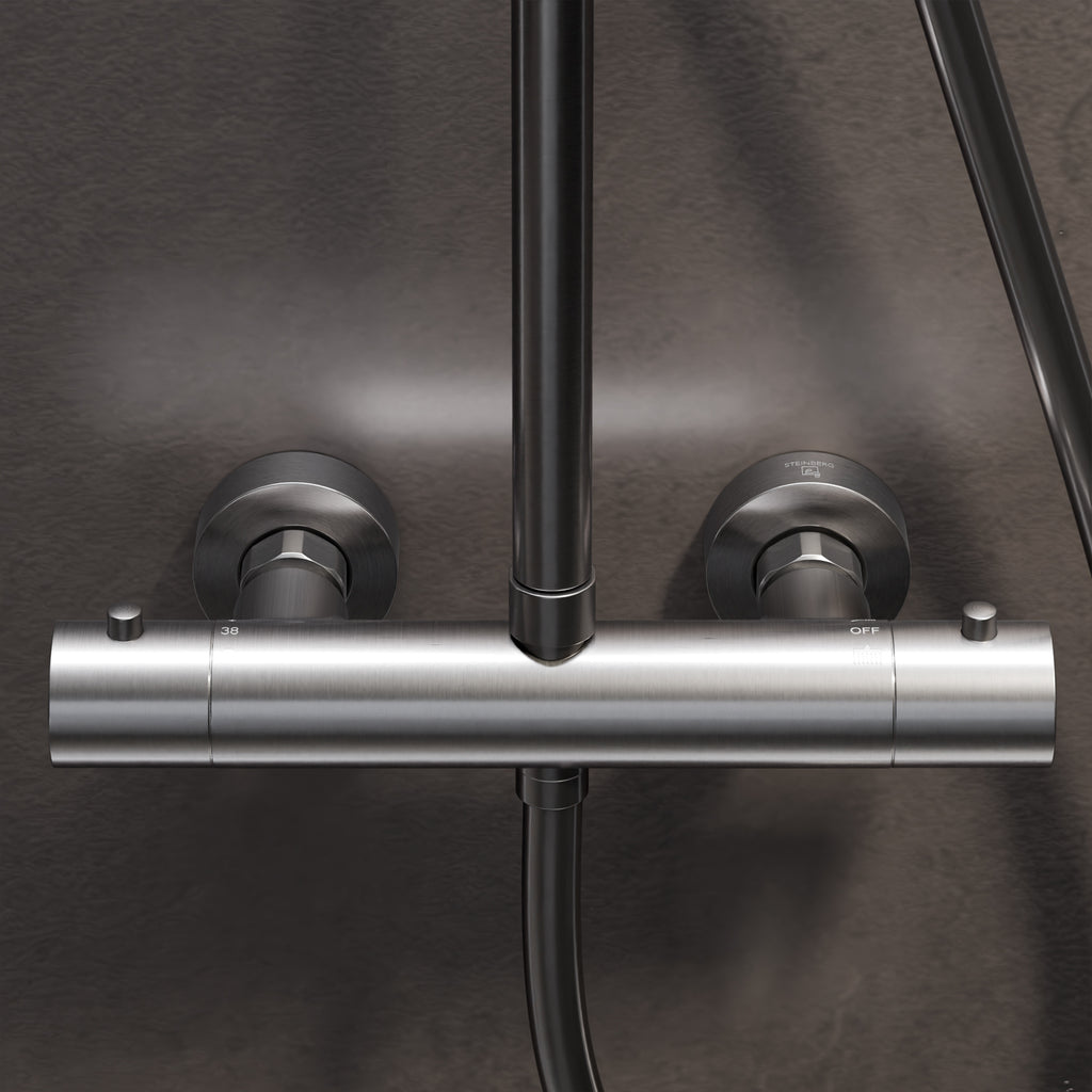 Steinberg shower set Matt gold, with thermostat, Rain Shower Round and rod hand shower