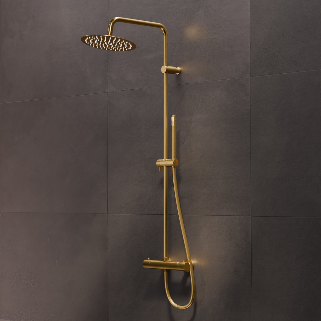 Steinberg shower set Matt gold, with thermostat, Rain Shower Round and rod hand shower