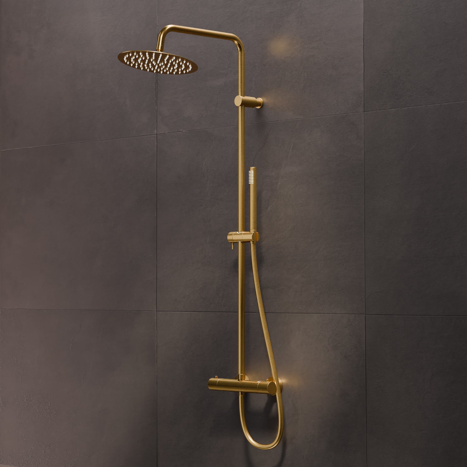 Steinberg shower set Matt gold, with thermostat, Rain Shower Round and rod hand shower