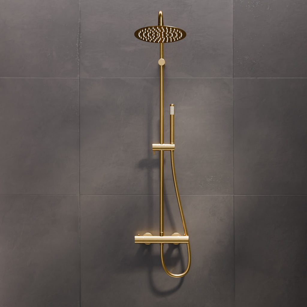 Steinberg shower set Matt gold, with thermostat, Rain Shower Round and rod hand shower