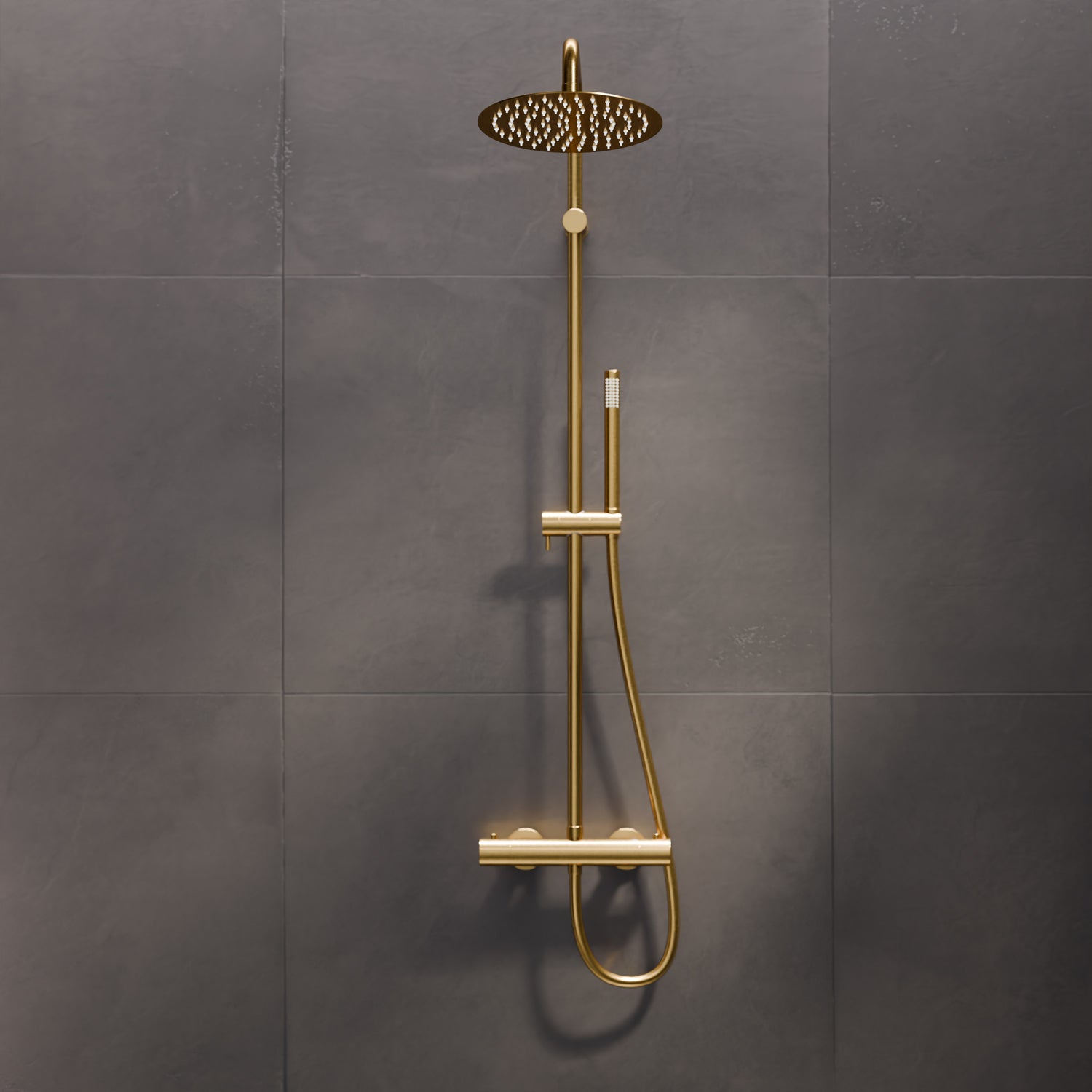 Steinberg shower set Matt gold, with thermostat, Rain Shower Round and rod hand shower