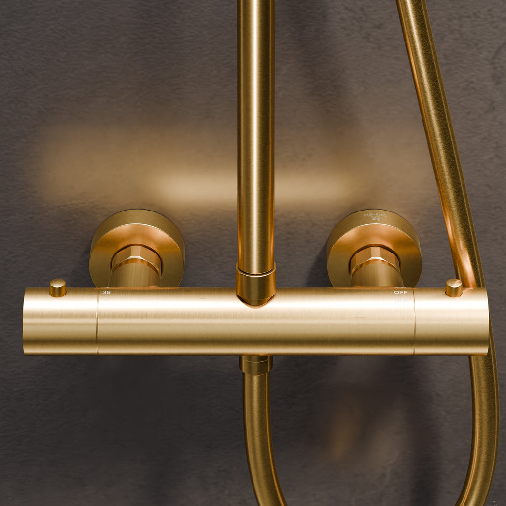 Steinberg shower set Matt gold, with thermostat, Rain Shower Round and rod hand shower
