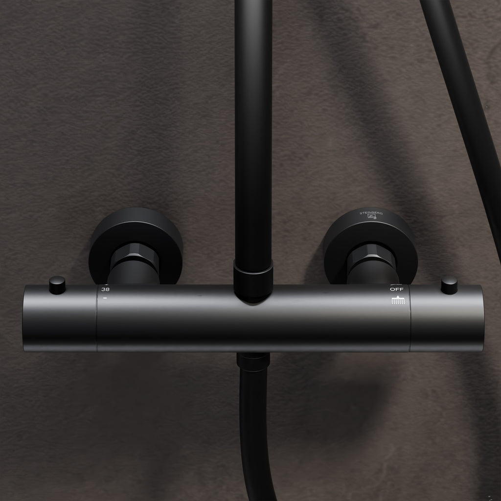 Steinberg shower set Matt gold, with thermostat, Rain Shower Round and rod hand shower