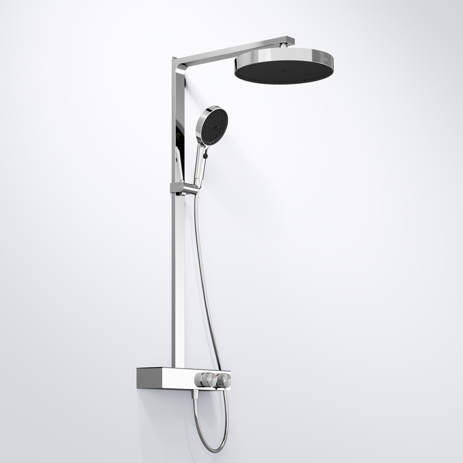 Steinberg shower set with glass shelf, thermostat with rotary knobs, Rain Shower and rod shower, Brushed Gold