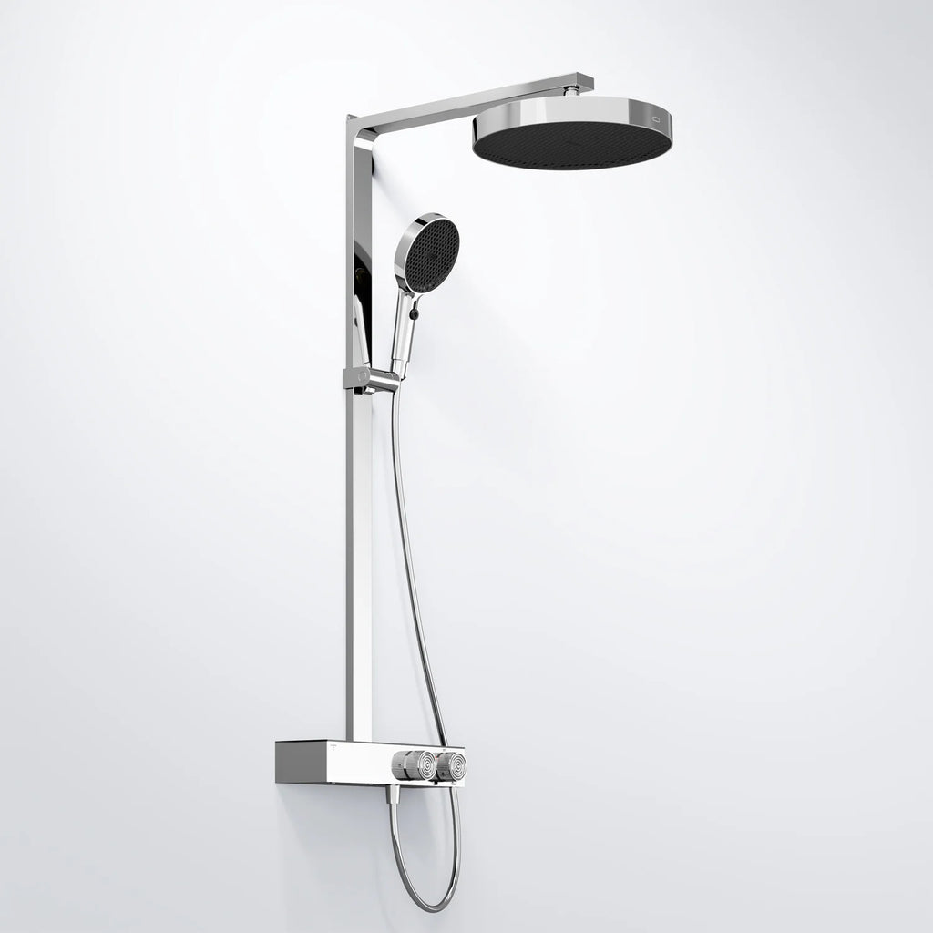 Steinberg Duschsystem mit Glasablage für 3 Verbraucher - Thermostat mit Drehknöpfen, Regenbrause, Handbrause & integriertem Schwall