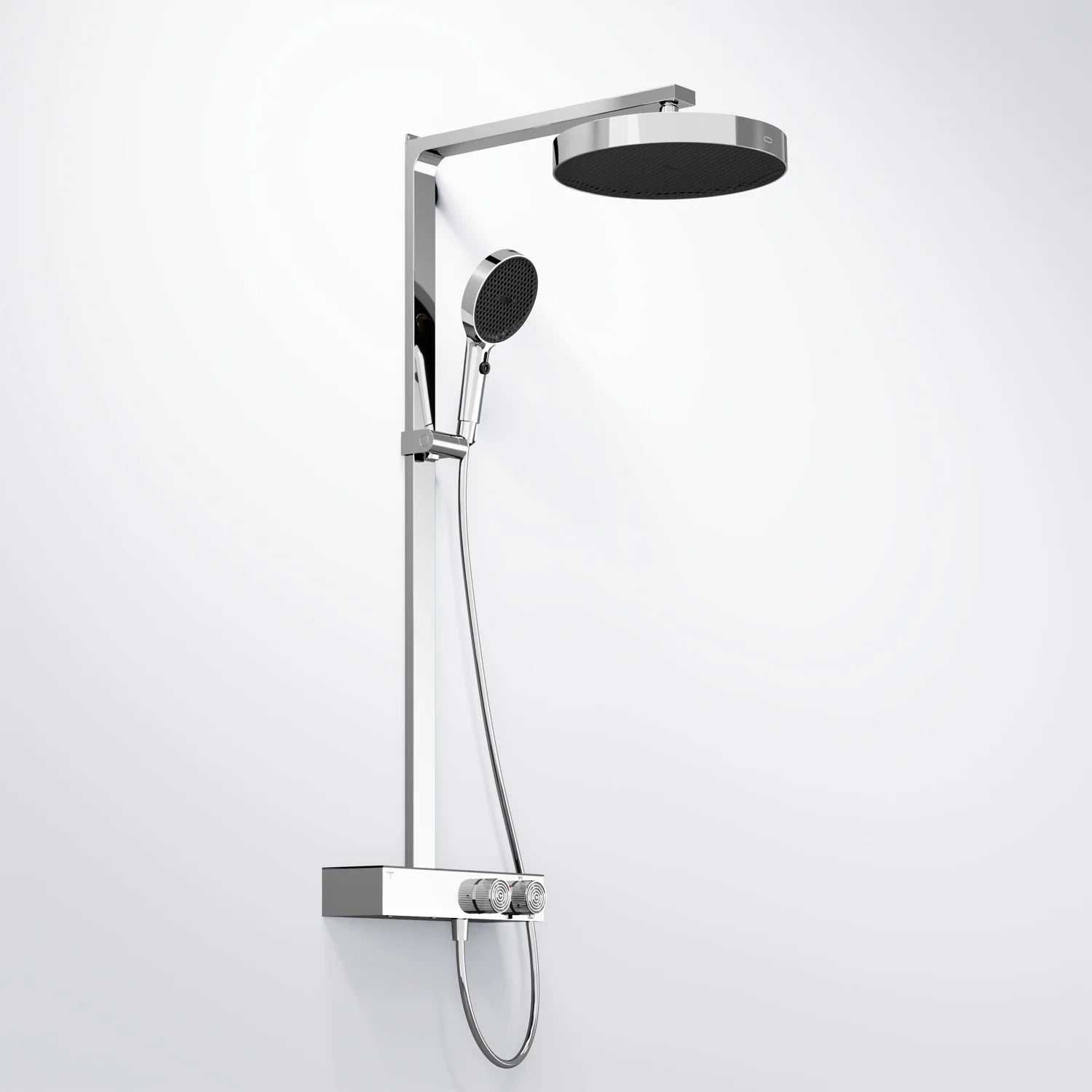 Steinberg Duschsystem mit Glasablage für 3 Verbraucher - Thermostat mit Drehknöpfen, Regenbrause, Handbrause & integriertem Schwall