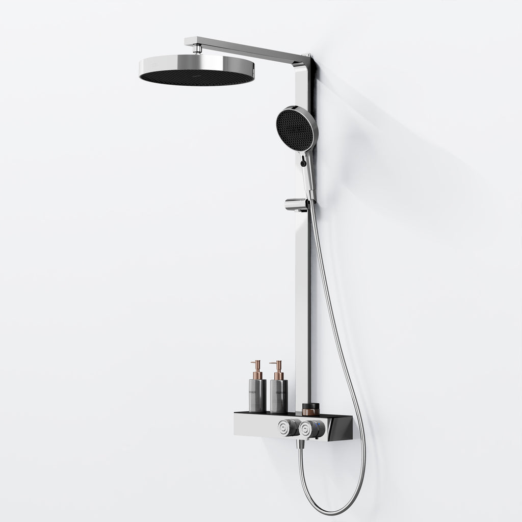 Steinberg shower set with glass shelf, thermostat with rotary knobs, Rain Shower and rod shower, Brushed Gold