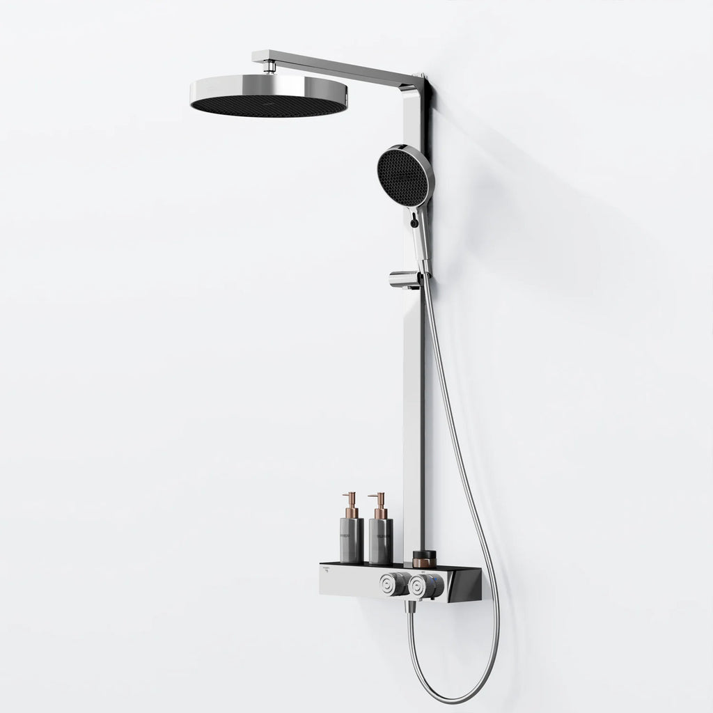 Steinberg Duschsystem mit Glasablage für 3 Verbraucher - Thermostat mit Drehknöpfen, Regenbrause, Handbrause & integriertem Schwall