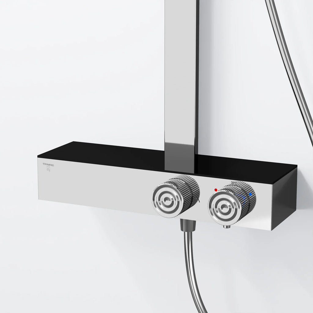 Steinberg Duschsystem mit Glasablage für 3 Verbraucher - Thermostat mit Drehknöpfen, Regenbrause, Handbrause & integriertem Schwall