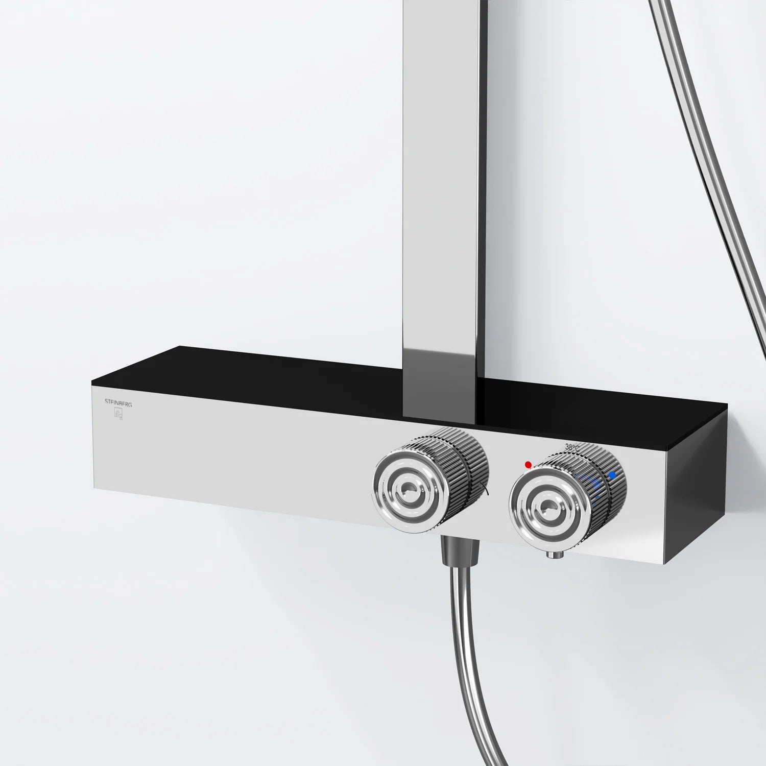 Steinberg Duschsystem mit Glasablage für 3 Verbraucher - Thermostat mit Drehknöpfen, Regenbrause, Handbrause & integriertem Schwall