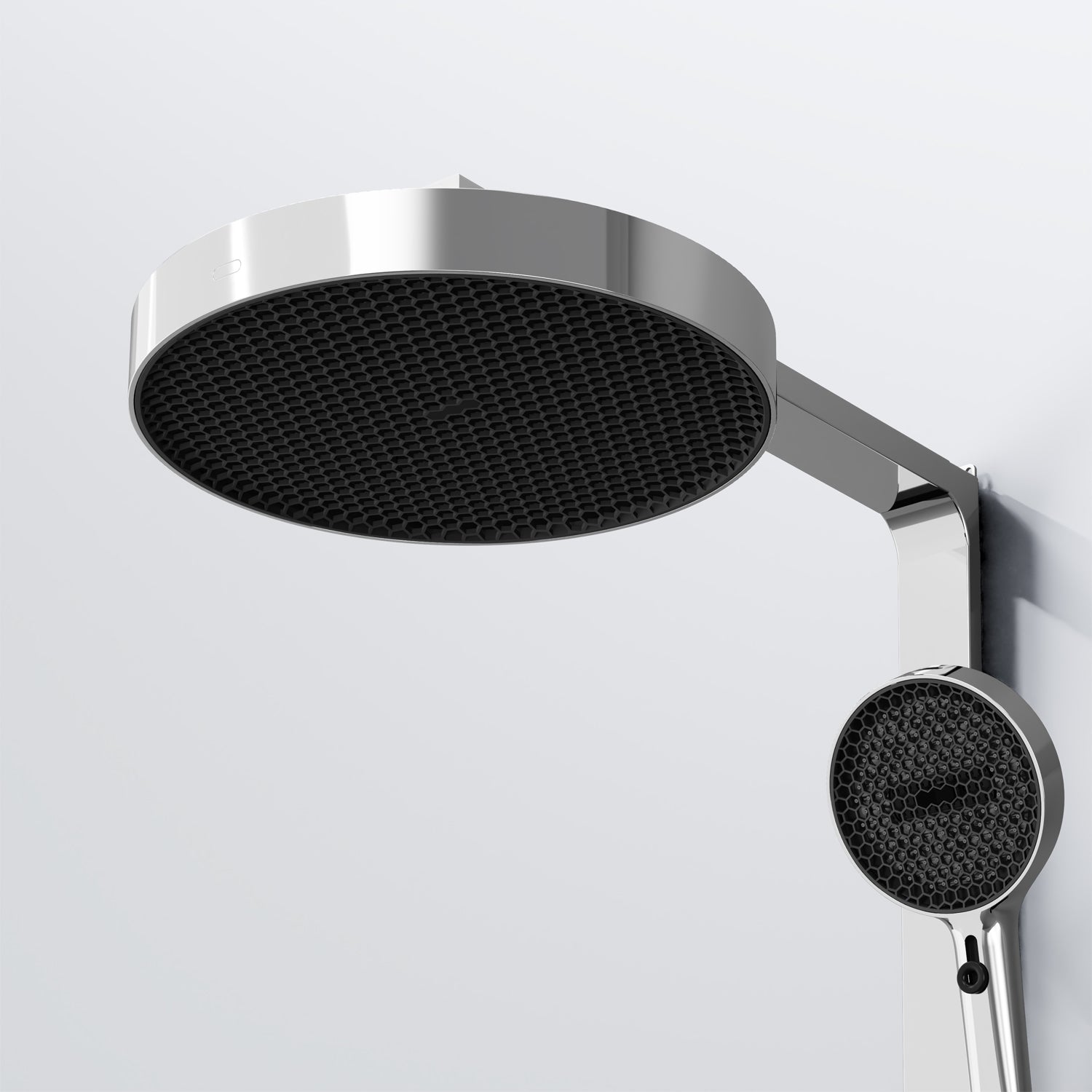 Steinberg shower set with glass shelf, thermostat with rotary knobs, Rain Shower and rod shower, Brushed Gold