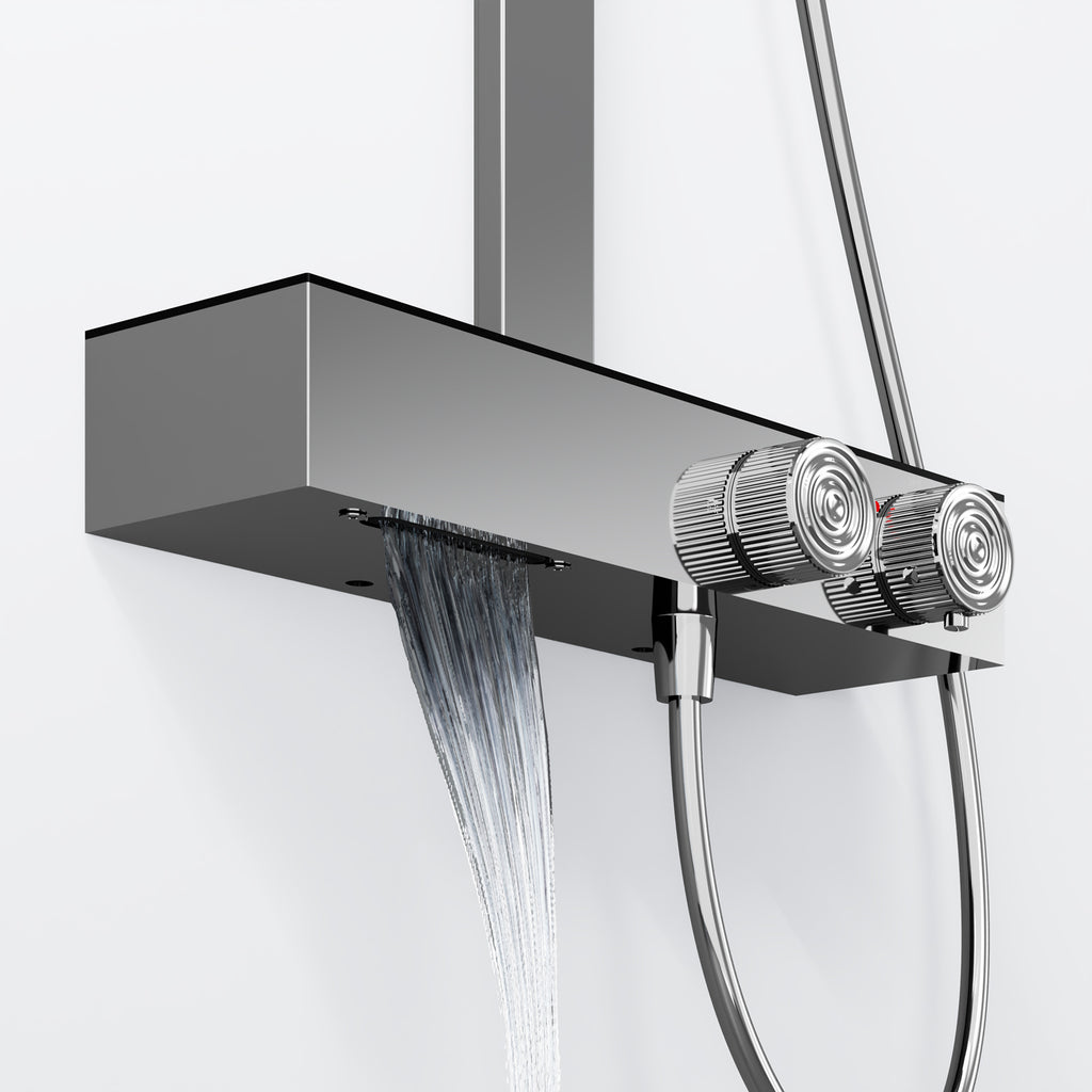 Steinberg shower set with glass shelf, thermostat with rotary knobs, Rain Shower and rod shower, Brushed Gold