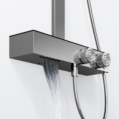 Steinberg Duschsystem mit Glasablage für 3 Verbraucher - Thermostat mit Drehknöpfen, Regenbrause, Handbrause & integriertem Schwall