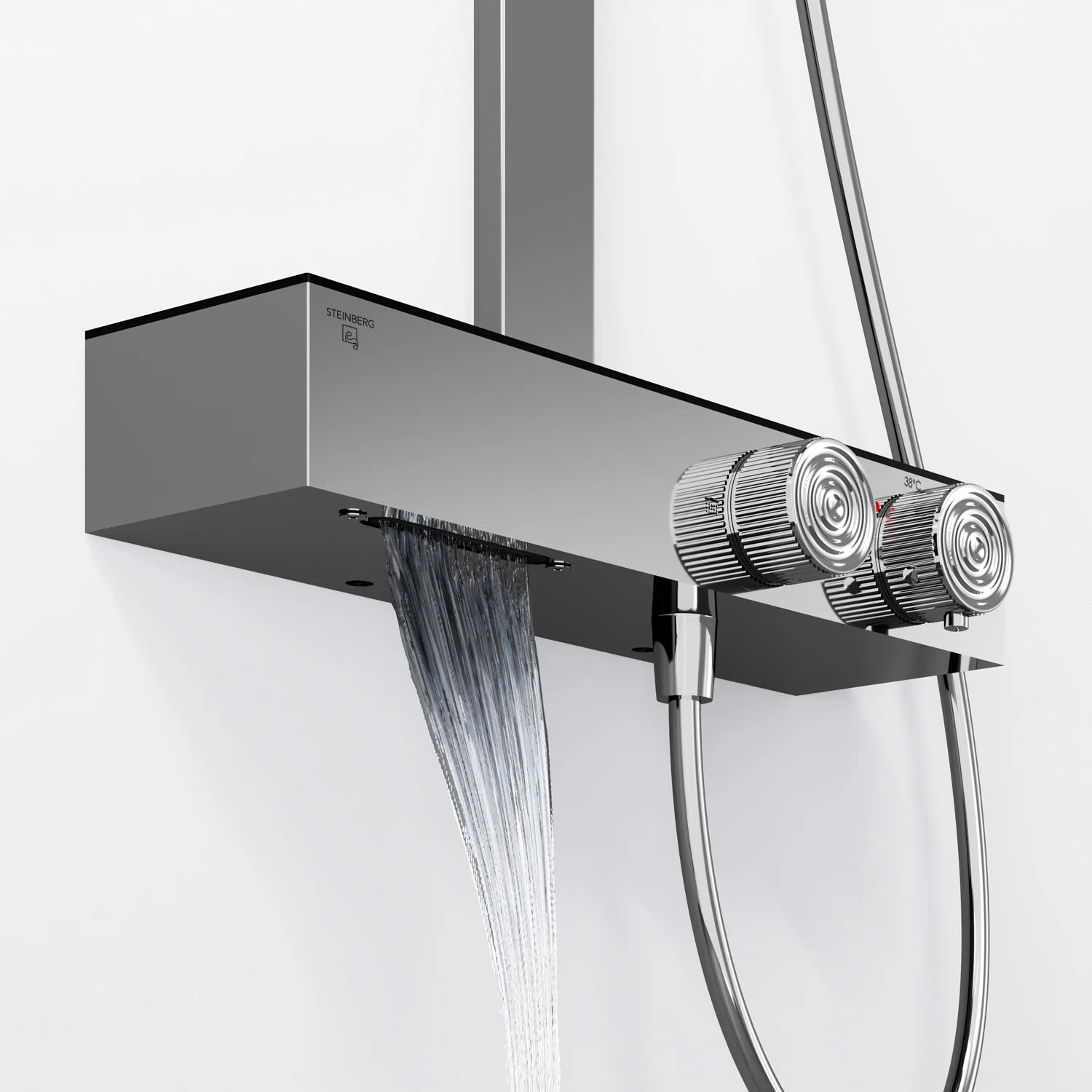 Steinberg Duschsystem mit Glasablage für 3 Verbraucher - Thermostat mit Drehknöpfen, Regenbrause, Handbrause & integriertem Schwall