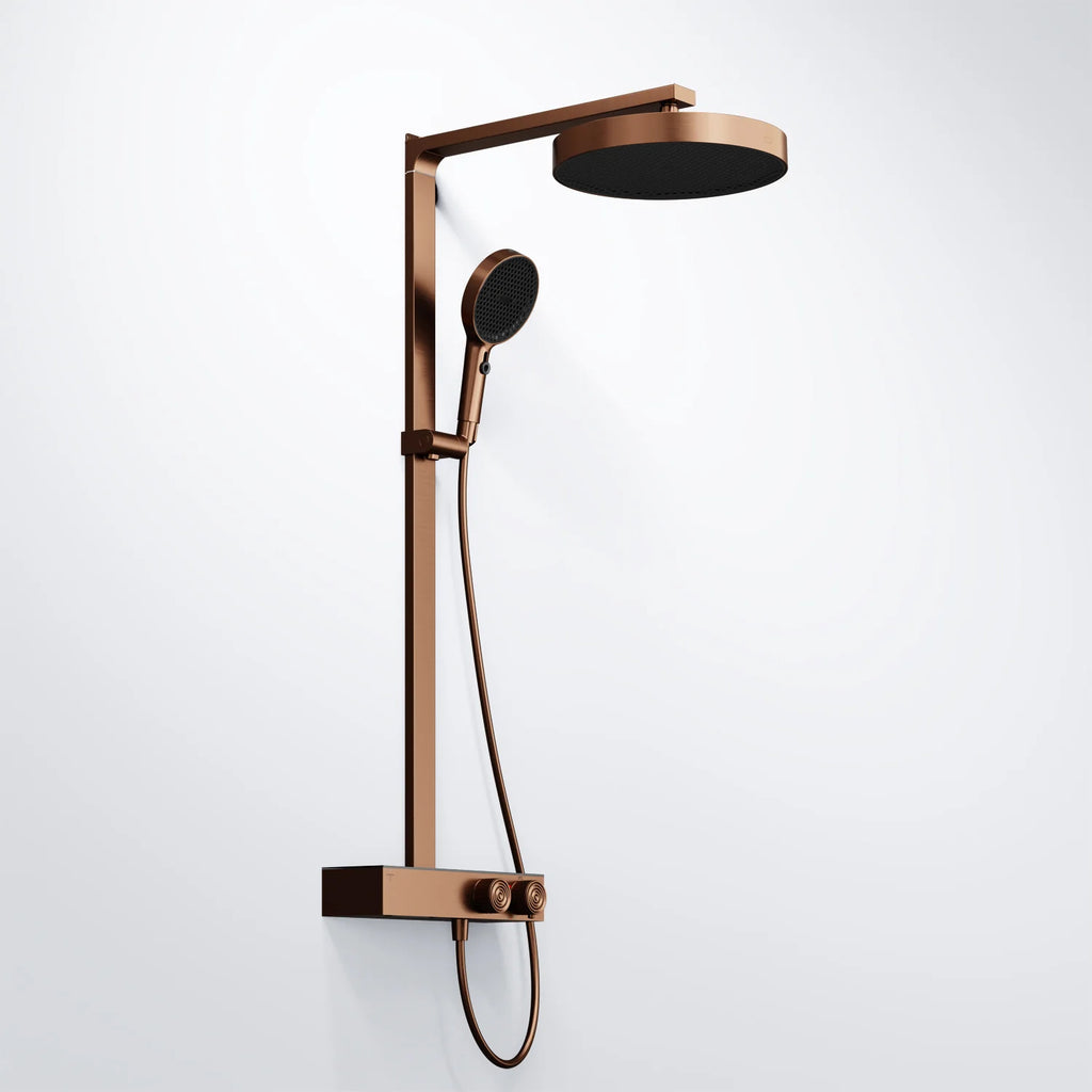 Steinberg Duschsystem mit Glasablage für 3 Verbraucher - Thermostat mit Drehknöpfen, Regenbrause, Handbrause & integriertem Schwall