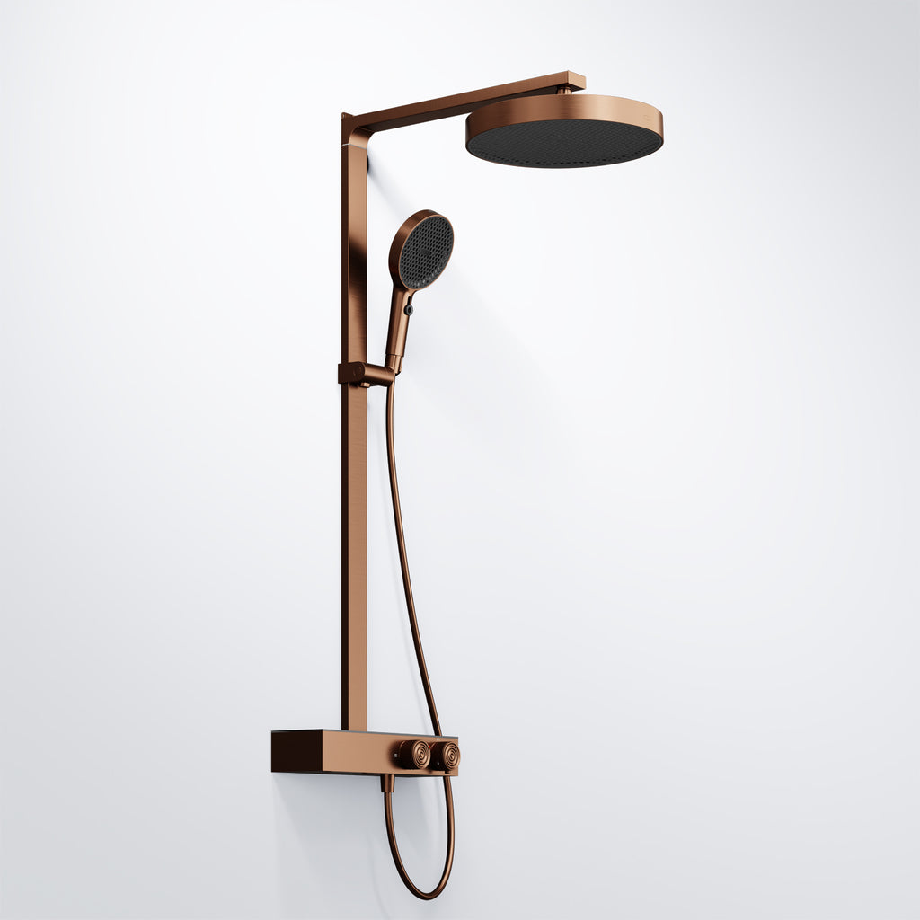 Steinberg shower set with glass shelf, thermostat with rotary knobs, Rain Shower and rod shower, Brushed Gold