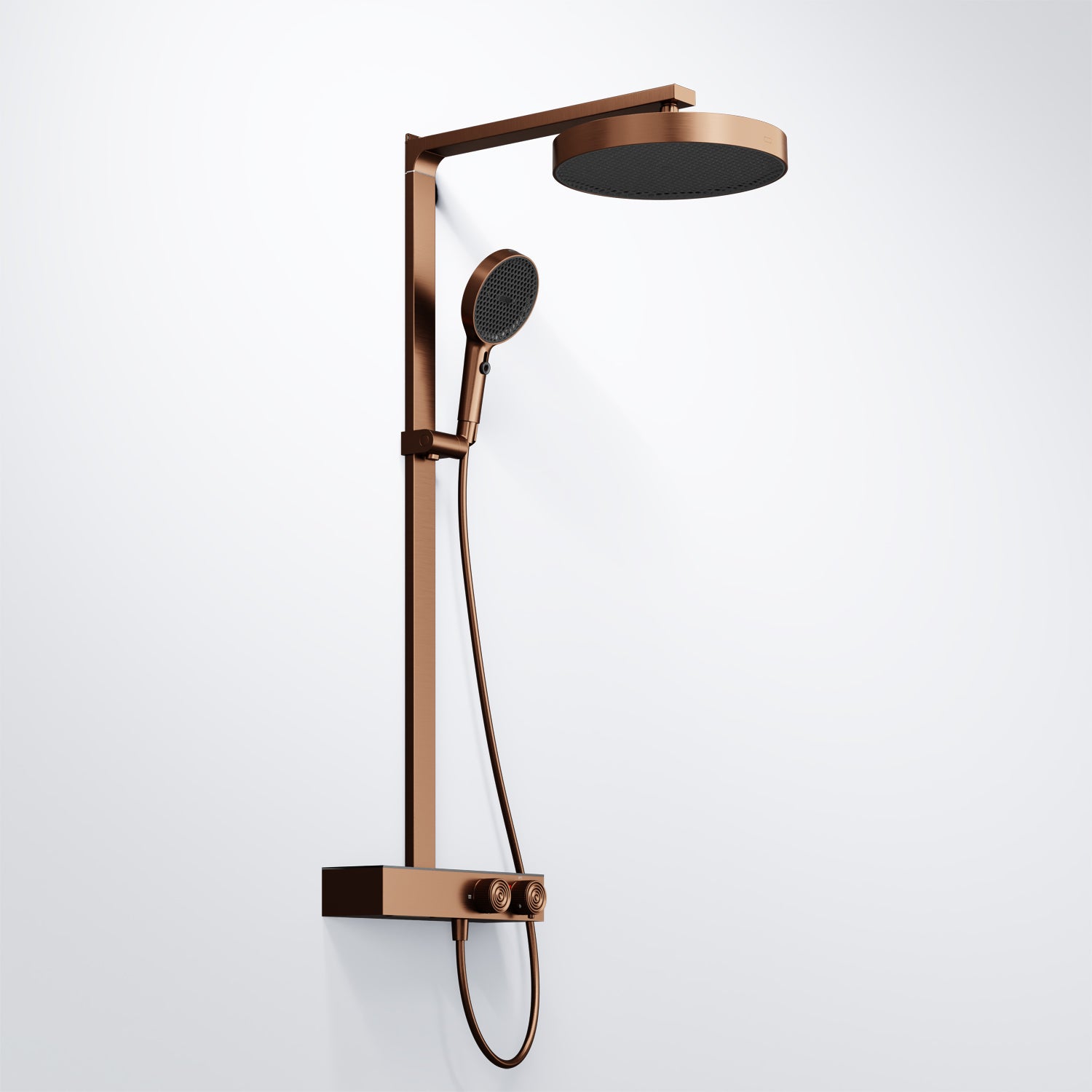 Steinberg shower set with glass shelf, thermostat with rotary knobs, Rain Shower and rod shower, Brushed Gold