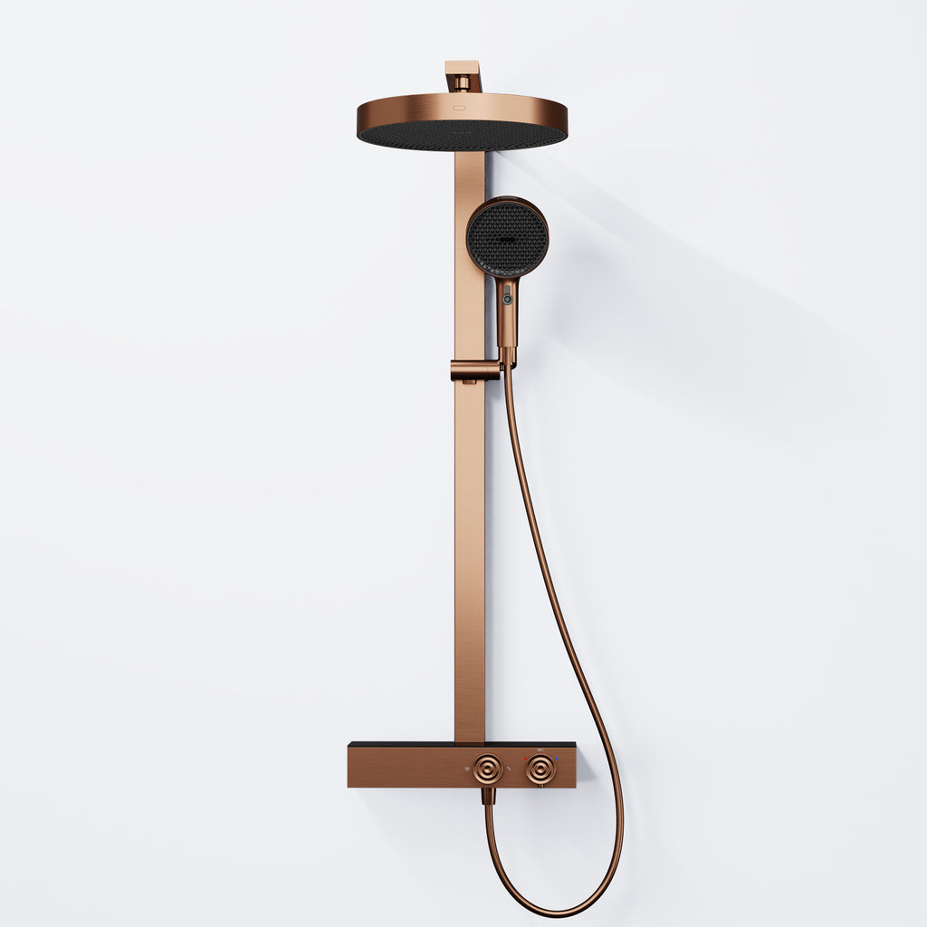 Steinberg shower set with glass shelf, thermostat with rotary knobs, Rain Shower and rod shower, Brushed Gold