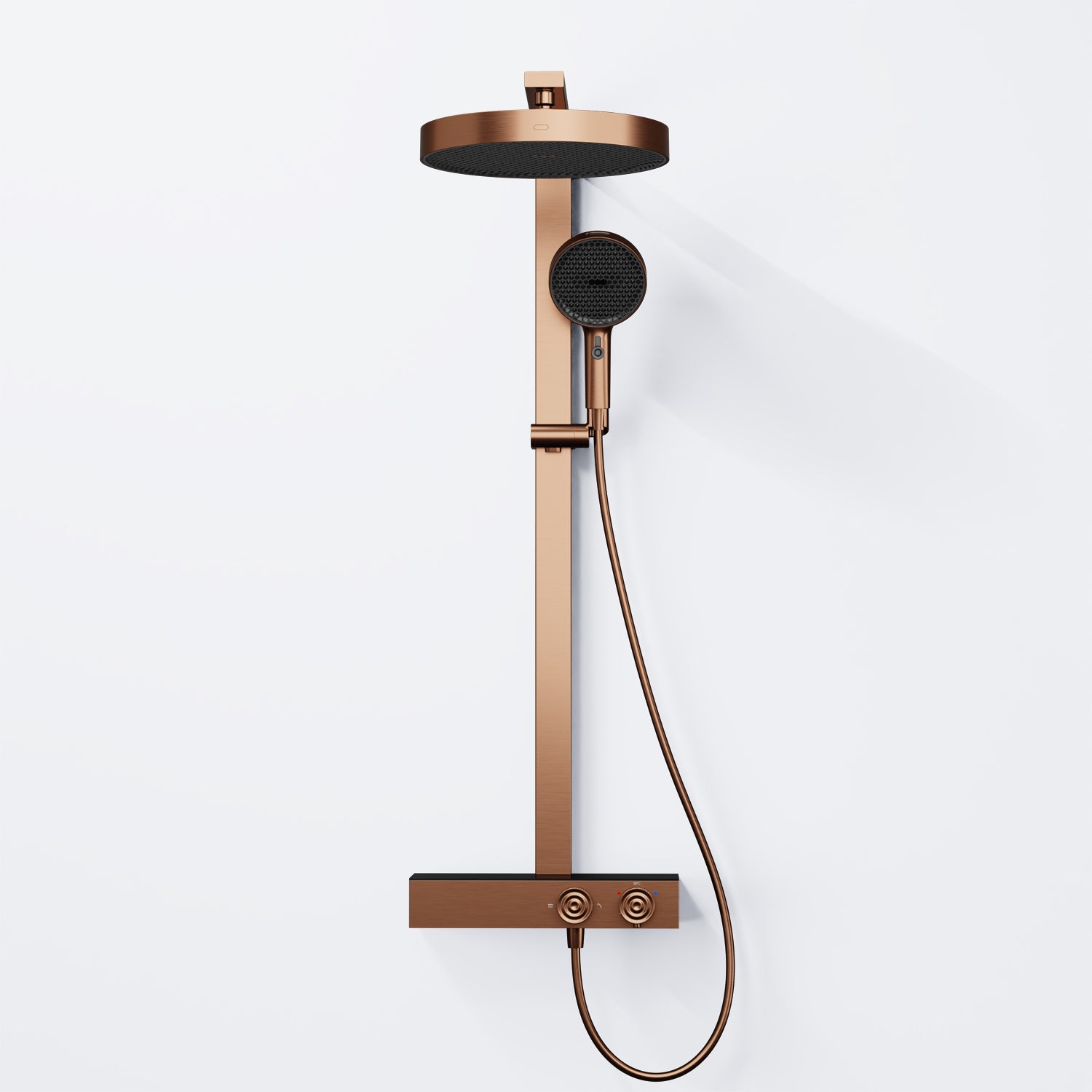 Steinberg shower set with glass shelf, thermostat with rotary knobs, Rain Shower and rod shower, Brushed Gold