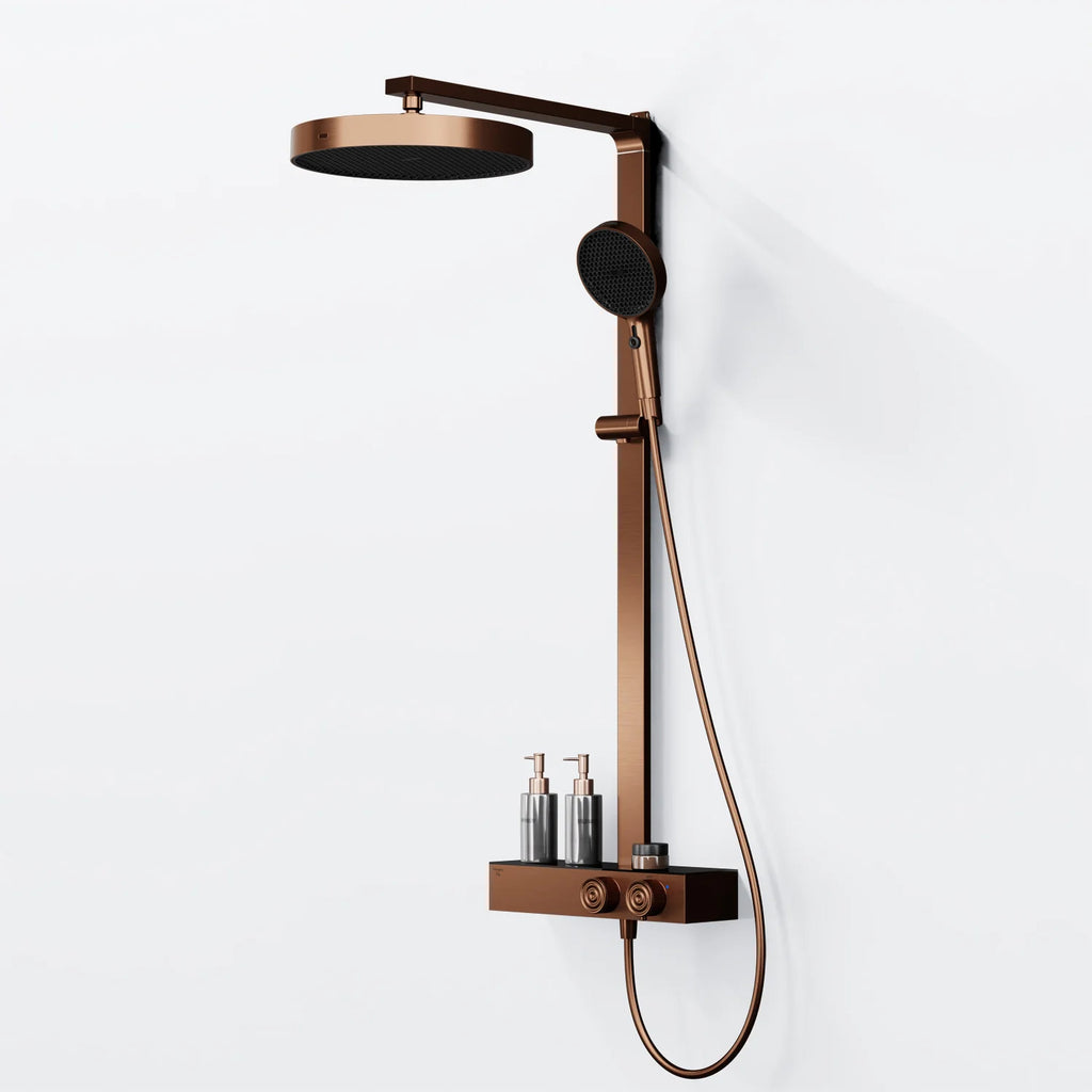 Steinberg Duschsystem mit Glasablage für 3 Verbraucher - Thermostat mit Drehknöpfen, Regenbrause, Handbrause & integriertem Schwall