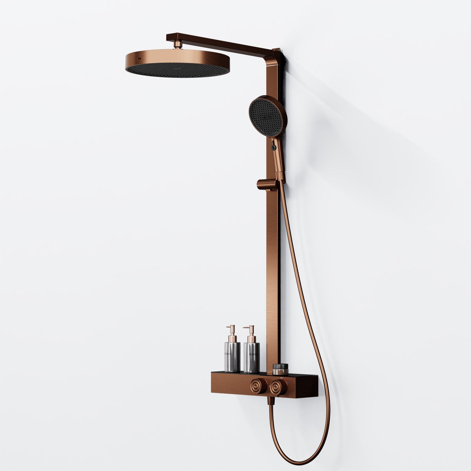 Steinberg shower set with glass shelf, thermostat with rotary knobs, Rain Shower and rod shower, Brushed Gold