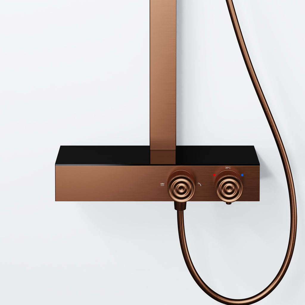 Steinberg shower set with glass shelf, thermostat with rotary knobs, Rain Shower and rod shower, Brushed Gold