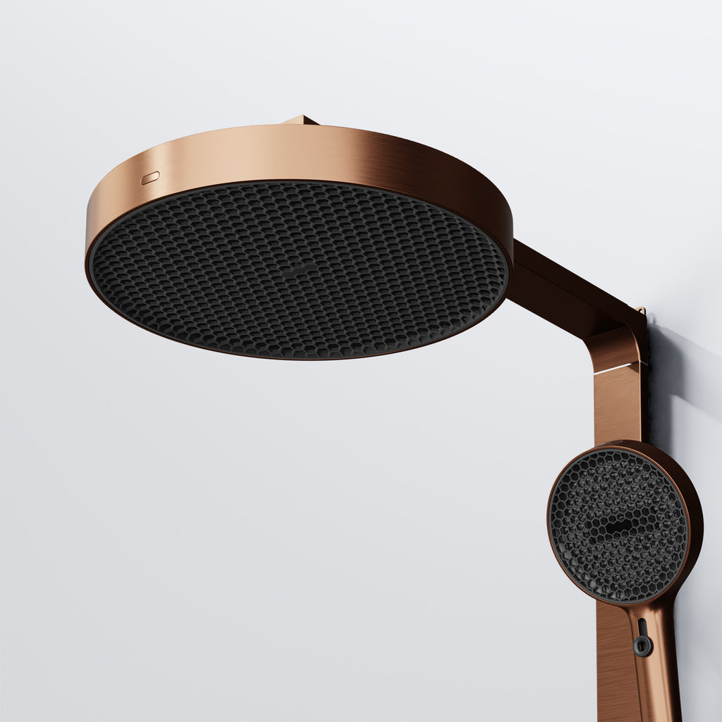 Steinberg shower set with glass shelf, thermostat with rotary knobs, Rain Shower and rod shower, Brushed Gold