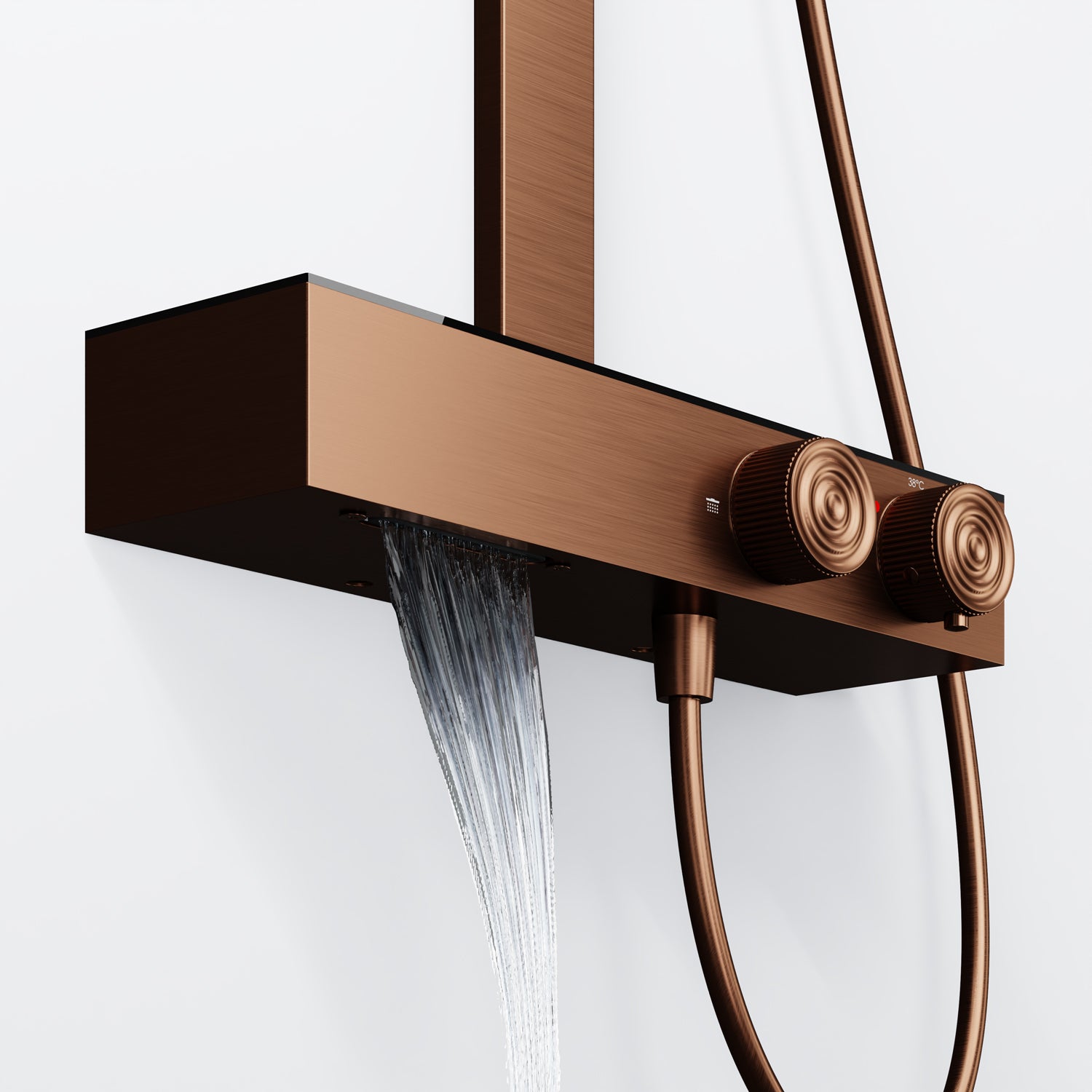 Steinberg shower set with glass shelf, thermostat with rotary knobs, Rain Shower and rod shower, Brushed Gold