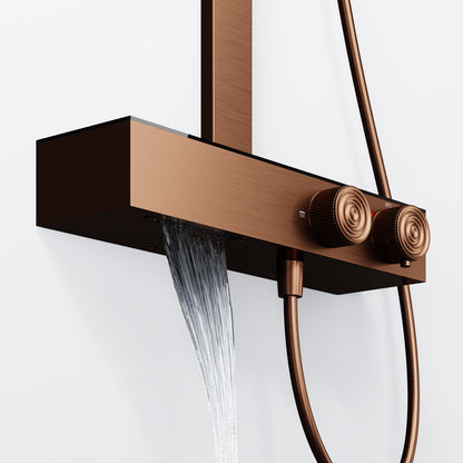 Steinberg Duschsystem mit Glasablage für 3 Verbraucher - Thermostat mit Drehknöpfen, Regenbrause, Handbrause & integriertem Schwall