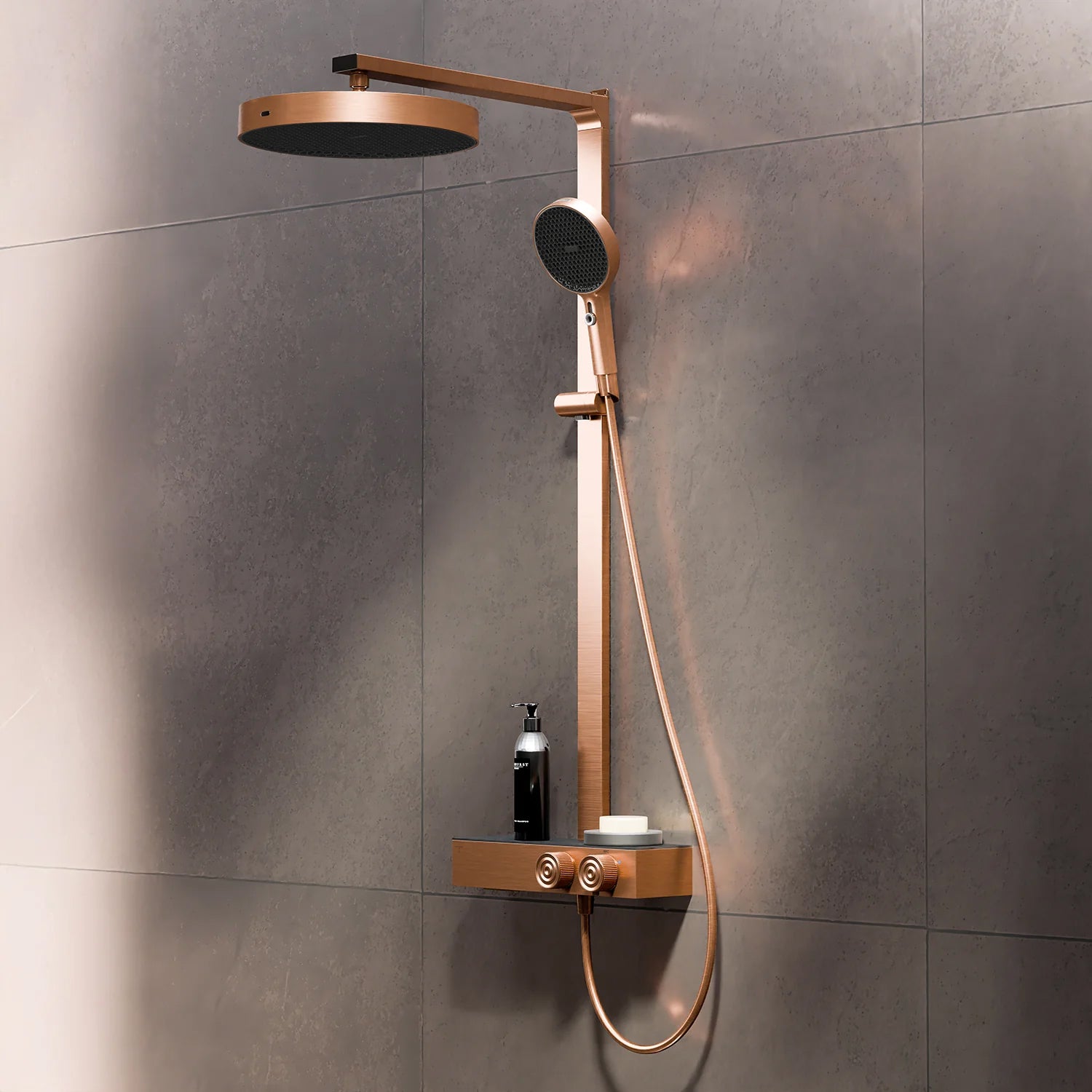 Steinberg Duschsystem mit Glasablage für 3 Verbraucher - Thermostat mit Drehknöpfen, Regenbrause, Handbrause & integriertem Schwall